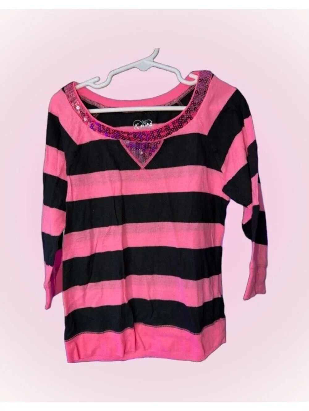 Girls Size 7 Neon Pink & Black Striped Top / Shirt by Justice | Sequins